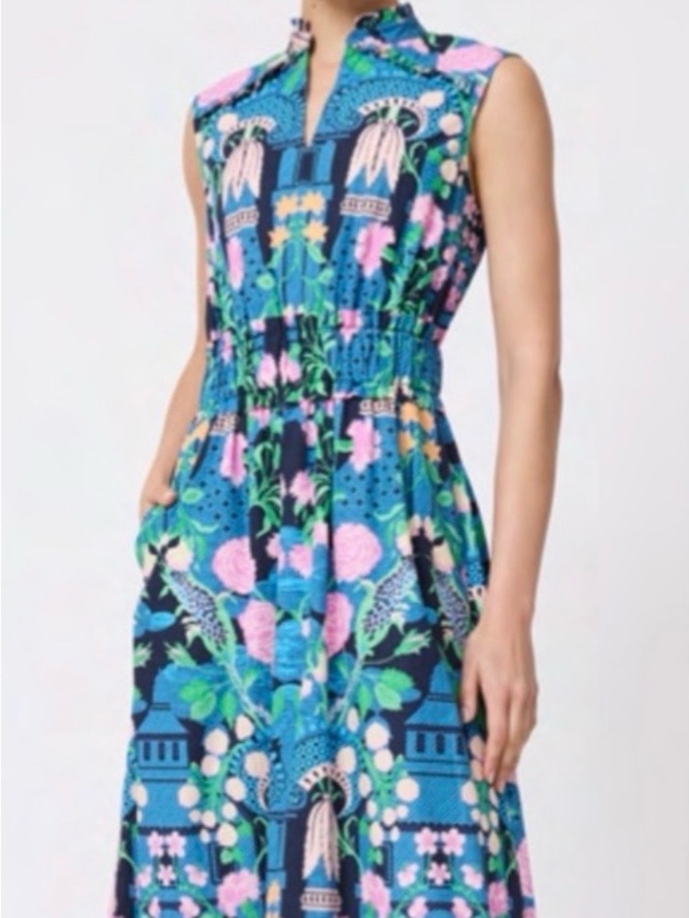 Sleeveless Blue Floral Midi Dress with Elastic Waist and Pockets